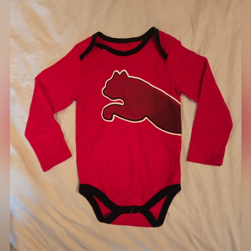 New Puma 12m Long Sleeve Bodysuit; Red w/Black; Lap shoulder neckline; Unisex